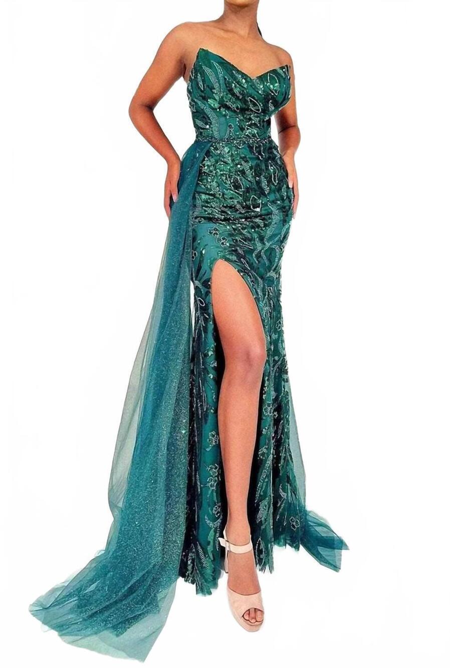 NEW CLARISSE strapless bedazzled evening gown in forest green